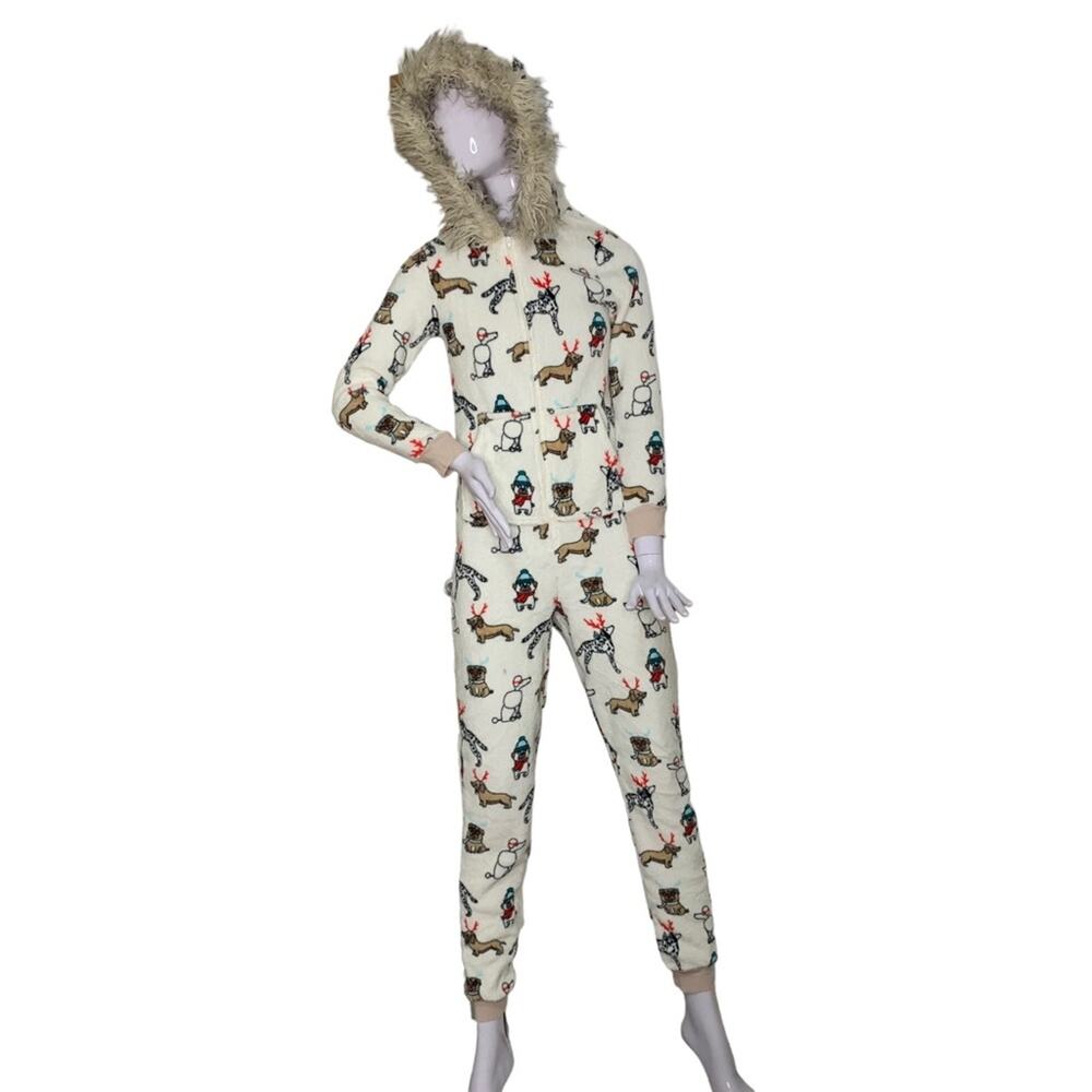 Holiday Time One Piece Hoodie Doggies Print Front Zipper Size XS